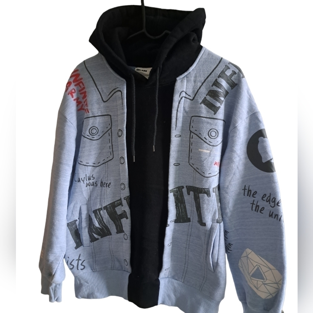 INFINITE hooded sweater pull over hoody cotton blend graphics men coastal blue M